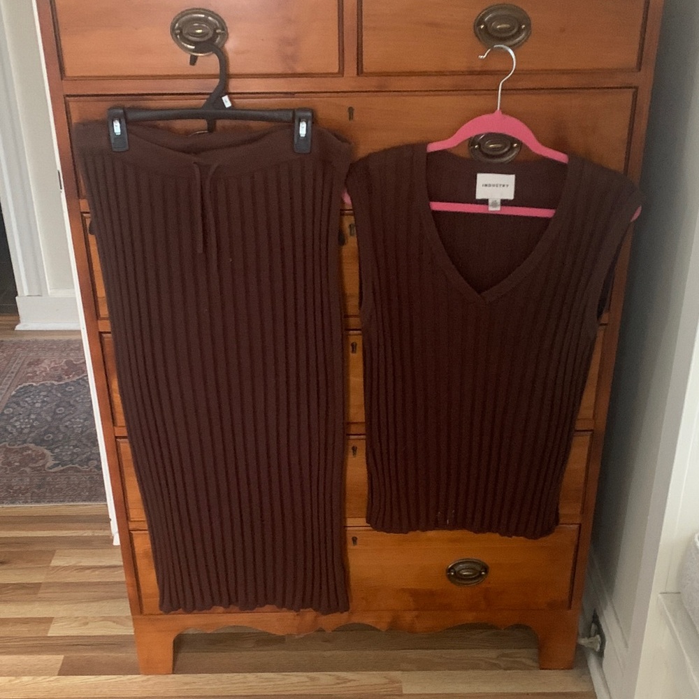 Brown Ribbed Knit Dress and Top Set